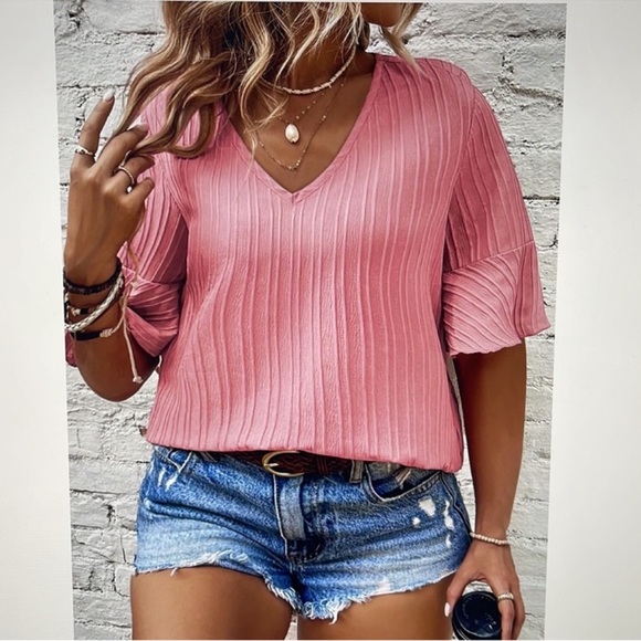 Tops - Pink Textured V Neck Lightweight Top Shirt Blouse Plus Size 2X